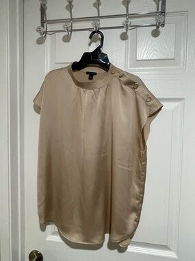 Ann Taylor Taupe Satin Cap-Sleeve Blouse with Shoulder Snap Detail